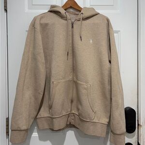 Polo Ralph Lauren Men’s Heathered Oatmeal Zip-Up Hoodie, minor stain, Medium